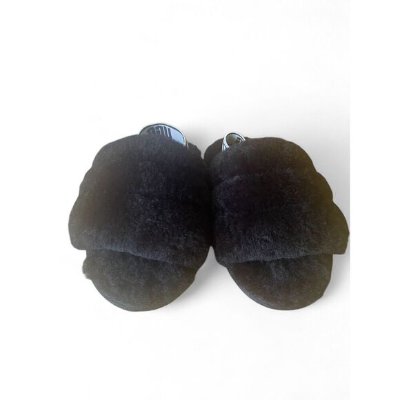 Ugg Kids Oh Yeah Black Fur Open Toe Slip On Slides Slippers US 10 EUR 27.5 - Picture 2 of 5